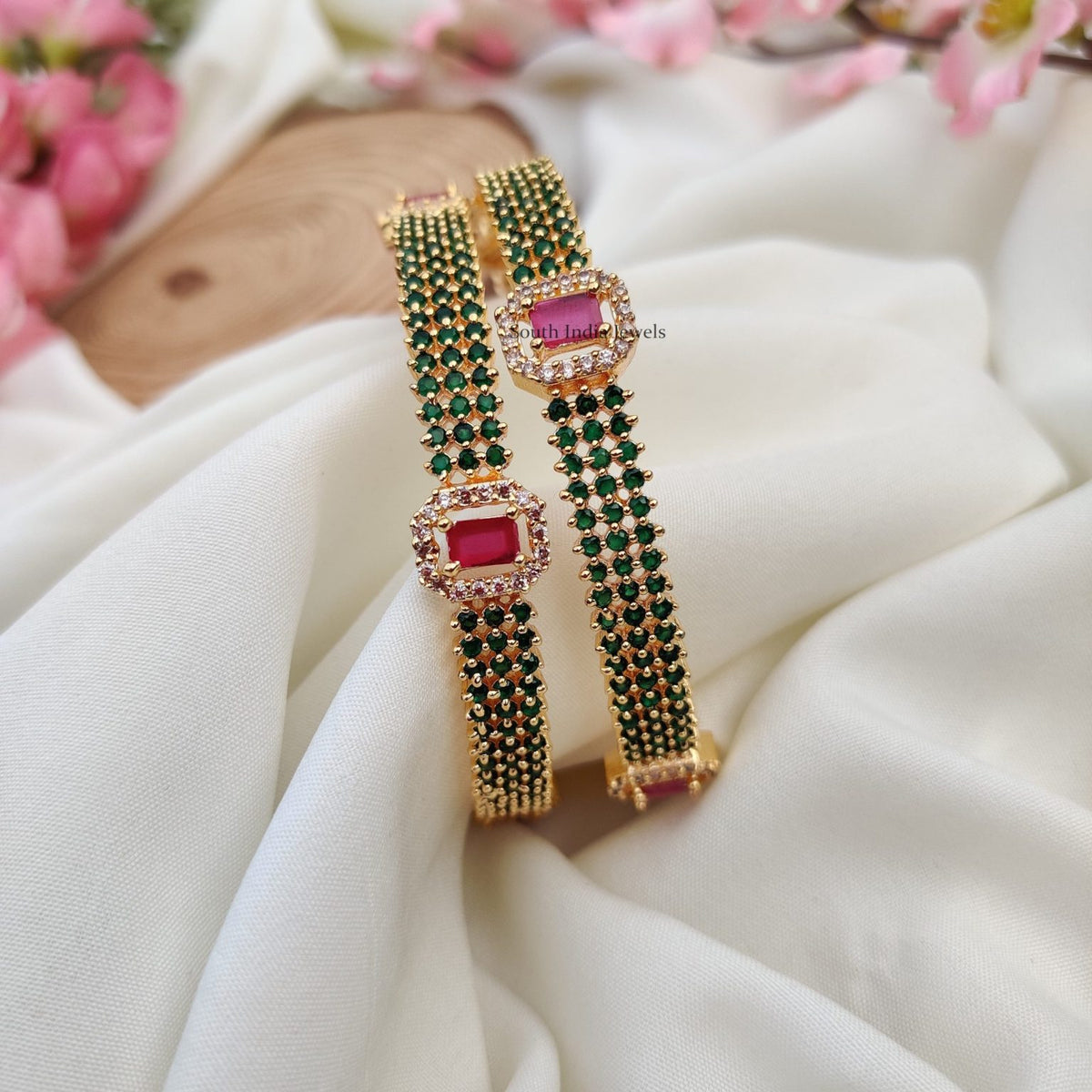 Imitation Green and Pink AD Bangles