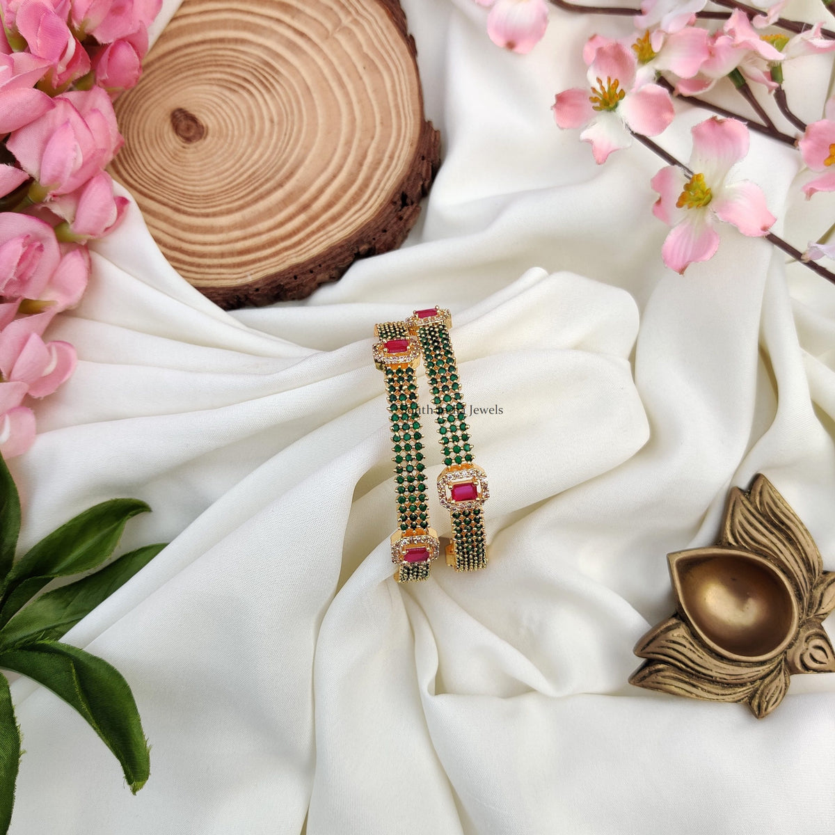 Imitation Green and Pink AD Bangles